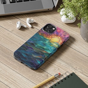 Ocean Sunset Phone Case Faux Stained Glass Beach Phone Case Nautical Sunrise Lovers Gift for iPhone 15 14 13 12 11 8 7 Galaxy S 24 23 22 21 image 2