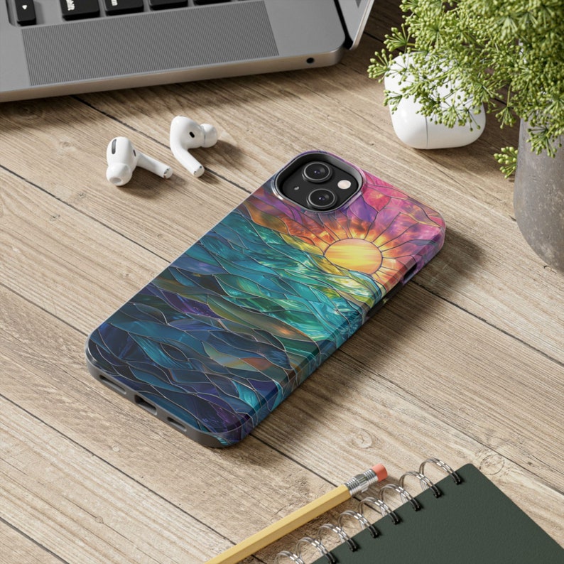 Ocean Sunset Phone Case Faux Stained Glass Beach Phone Case Nautical Sunrise Lovers Gift for iPhone 15 14 13 12 11 8 7 Galaxy S 24 23 22 21 image 2