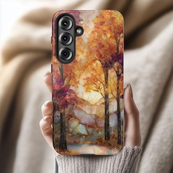 Fall Landscape Phone Case, Autumn Forest Cover for iPhone Samsung Pixel, Faux Stained Glass Woodland Nature Art, Cozy Warm Colorful Leaves