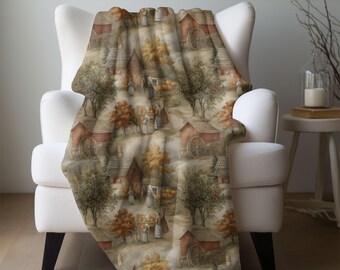 Fall Harvest Village Blanket, Thanksgiving Farmhouse Fleece Throw, Autumn Country Home Decor, Cozy Rustic Fall Blanket, Cottagecore Decor