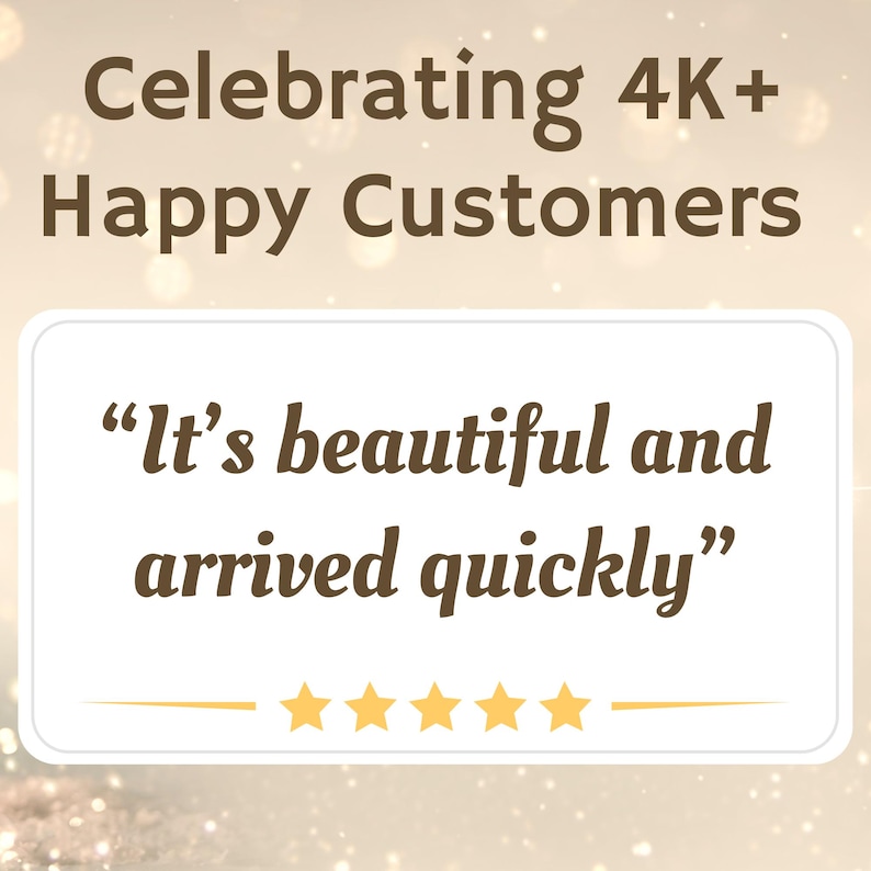 May include: A white card with a brown border and text that reads "It's beautiful and arrived quickly." There are five gold stars below the text.