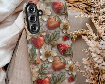 Funda para teléfono con diseño de fresas y vidrieras sintéticas, funda estilo cottagecore botánico, estética de jardín de fresas silvestres para Galaxy iPhone Pixel