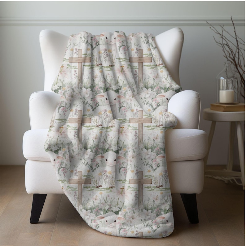 Easter Blanket Lamb Easter Home Decor Spring Floral Fleece Throw Christian Easter Cross Throw Blanket Flower Lovers Christian Gift Ideas bild 1