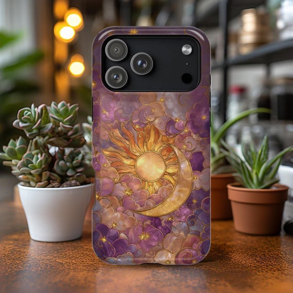 Celestial Phone Case, Sun Moon Stars MagSafe Compatible Phone Cover, Purple Moon Stars Faux Stained Glass Case for iPhone 17 16 15 14 13