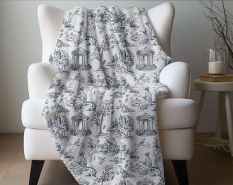 Chinoiserie Blanket Toile De Jouy Home Decor Blue White Toile Fleece Throw Blanket French Country Lap Blanket Chinoiserie Nursery Decor