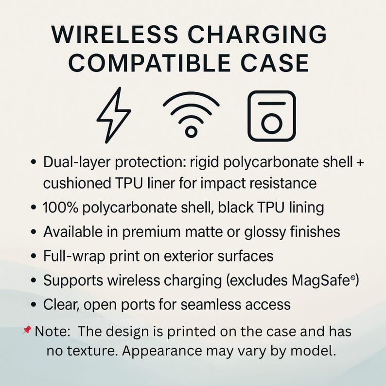 May include: Image of a product description for a wireless charging compatible case. The text includes features like dual-layer protection, a polycarbonate shell, and support for wireless charging. The design is printed on the case and has no texture.