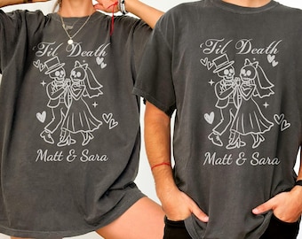 Personalized Matching Skeleton Couple Shirts, Custom Bride & Groom Halloween Til Death Wedding Tees, Fall Wedding Skeleton Lovers T-Shirts