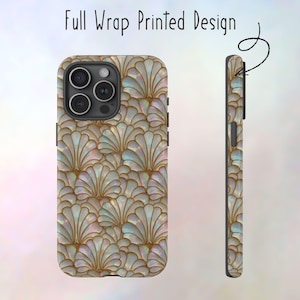 May include: A phone case with a full wrap printed design. The case features a repeating pattern of stylized, iridescent seashell shapes with gold outlines. The text "Full Wrap Printed Design" is visible at the top of the image.