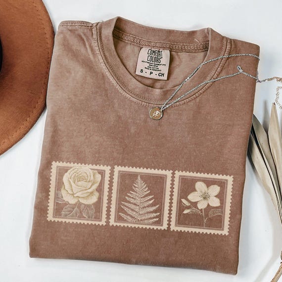 Botanical Postage Stamp T-Shirt, Minimalist Retro Stamp Rose Fern & Wildflower Comfort Colors Graphic Tee, Cottagecore Garden Lover Shirt