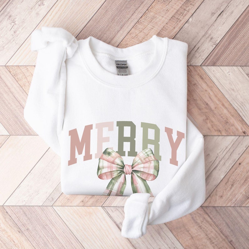 Merry Christmas Sweatshirt Coquette Holiday Sweater Pastel Plaid Bow