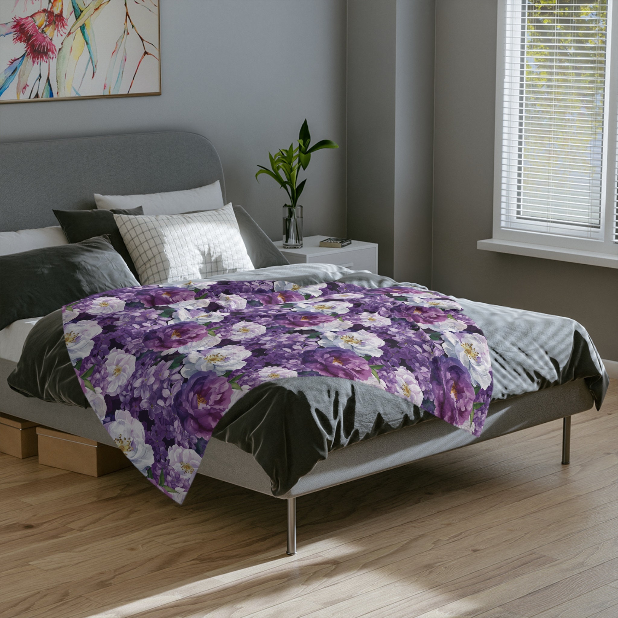 Purple Floral Throw Blanket, Lilac and Roses Fleece Blanket  display picture 1