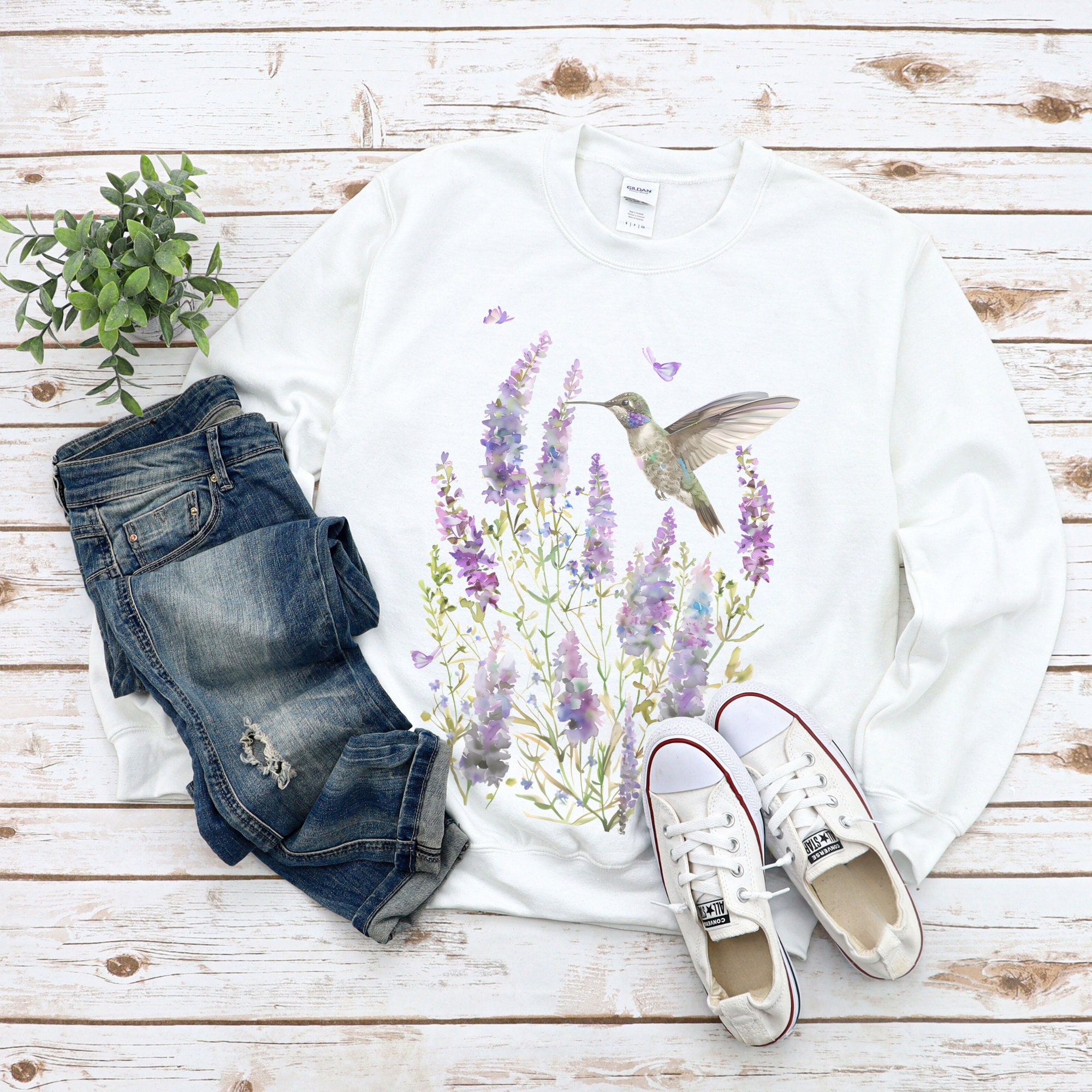 BOHO Hummingbirds And Wildflowers Vintage Folk Art Floral T-Shirt