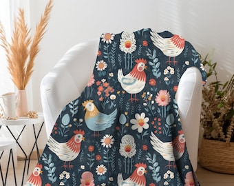Chicken Throw Blanket, Floral Chicken Blanket, Chicken Lady Blanket, Spring Chicken Home Decor, Farm Animal Blanket, Chicken Lady Gift