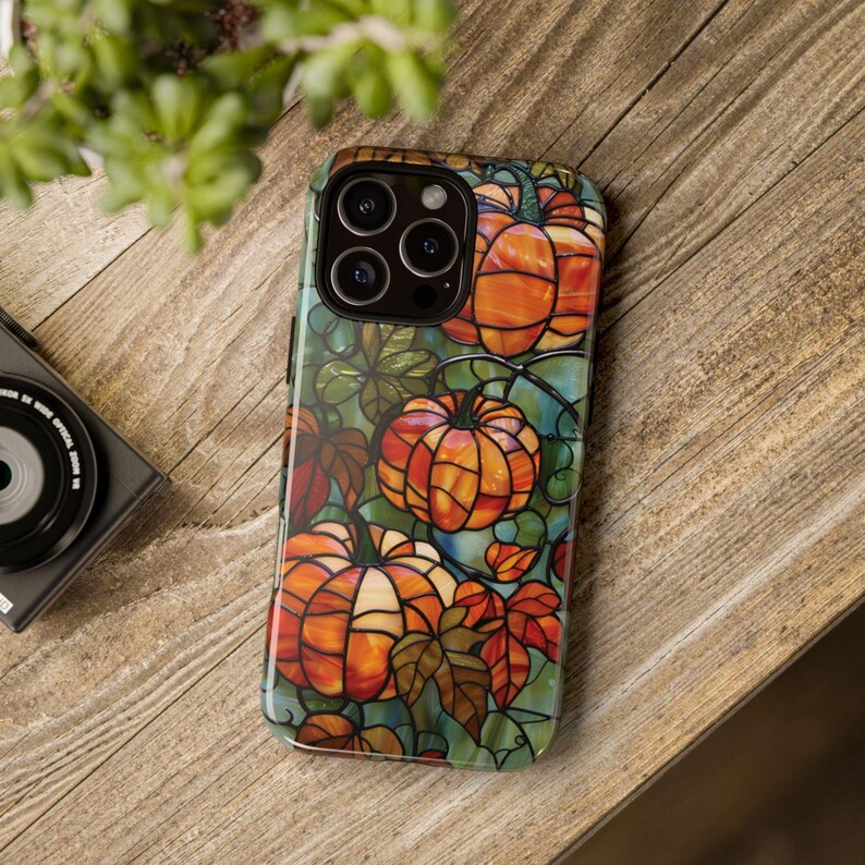 Funda de calabaza para teléfono, diseño de calabaza de Halloween con hojas de otoño, funda con vidrieras otoñales para Acción de Gracias para iPhone, Samsung Galaxy Pixel imagen 9
