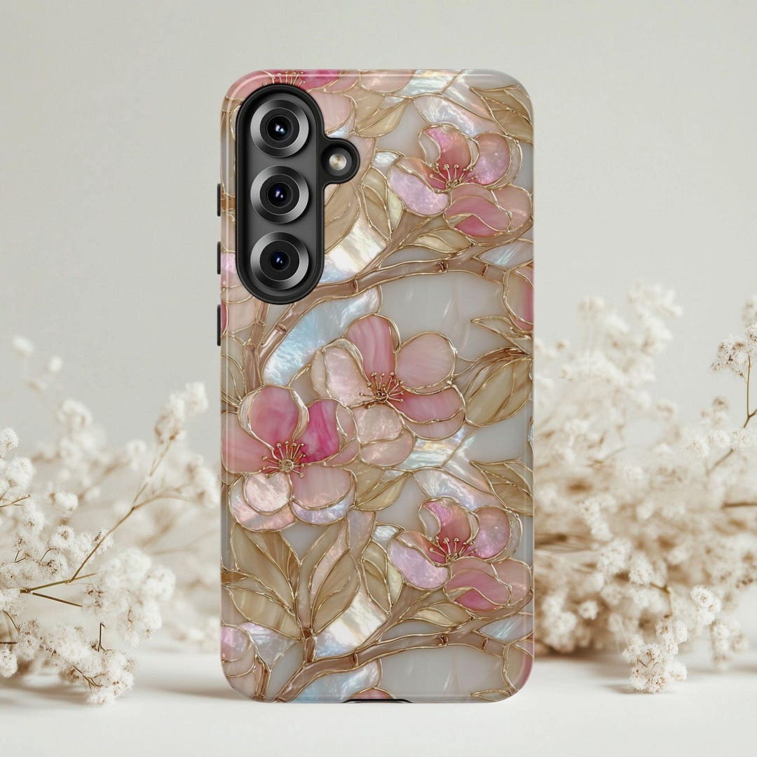 Phone Case Pattern Spring Spring Floral Faux Stained Glass Phone Case, Cherry Blossom Tree Cover ...