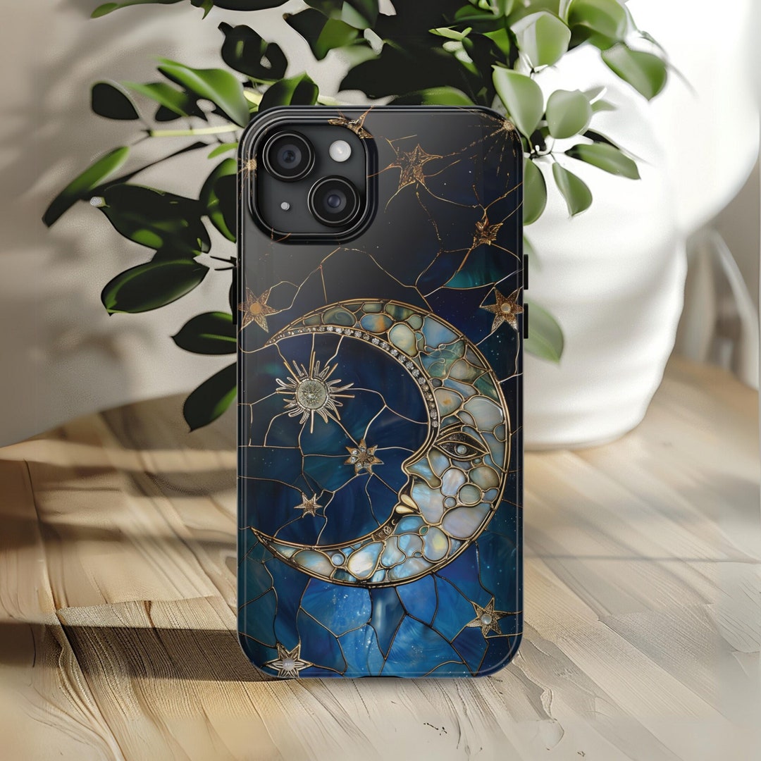 Moon and Stars Faux Stained Glass Phone Case, Starry Night Sky Space ...