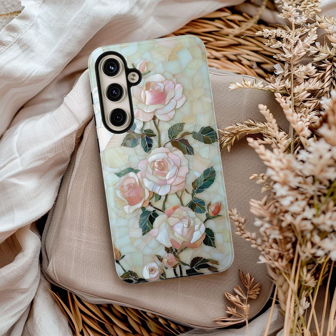 Pink Roses Faux Stained Glass Mosaic Phone Case Spring Flowers Phone ...