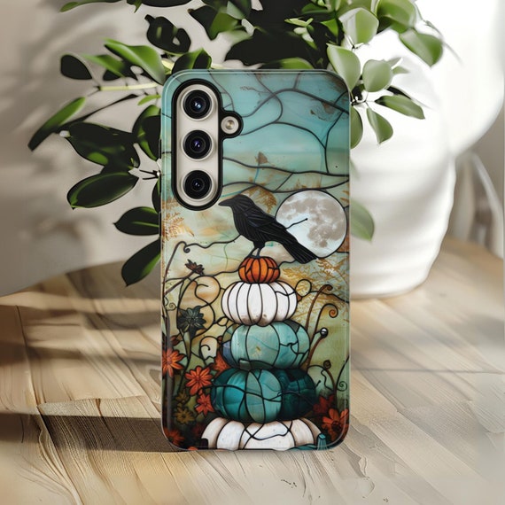 Pumpkins Phone Case Fall Thanksgiving Phone Case Faux Stained Glass Halloween Case for Galaxy S 24 23 22 21 iPhone 15 14 13 12 Pixel 5 6 7 8