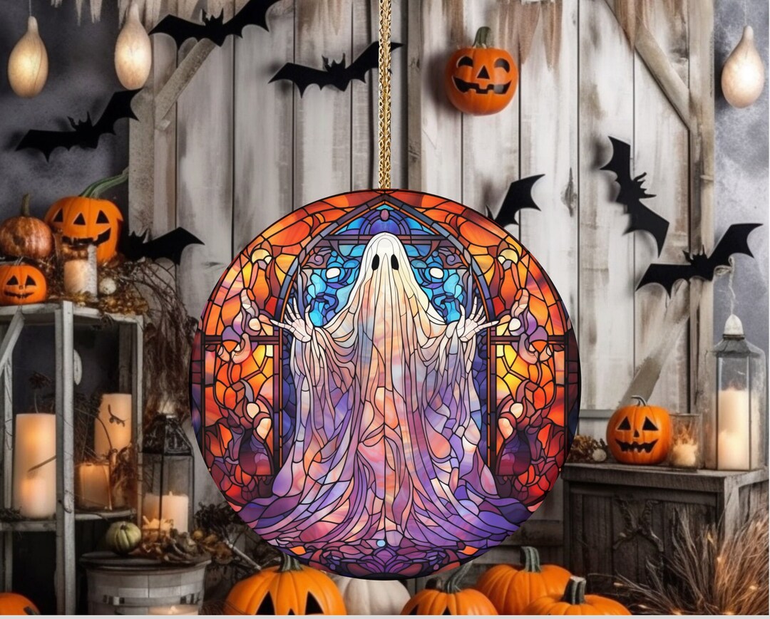 Halloween Ornament Ghost Faux Stained Glass Ornament, Glass Halloween