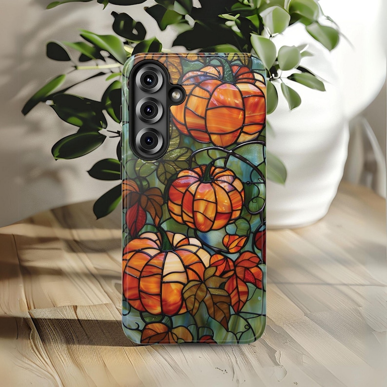 Funda de calabaza para teléfono, diseño de calabaza de Halloween con hojas de otoño, funda con vidrieras otoñales para Acción de Gracias para iPhone, Samsung Galaxy Pixel imagen 1