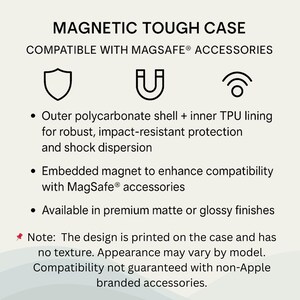 Op de afbeelding: Witte achtergrond met tekst: MAGNETIC TOUGH CASE, COMPATIBLE WITH MAGSAFE ACCESSORIES. Kenmerken: buitenste polycarbonaat schaal, ingebouwde magneet, matte of glanzende afwerkingen. Opmerking over ontwerp.