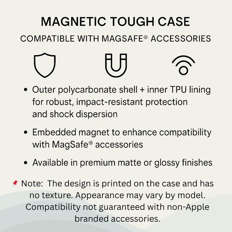 Op de afbeelding: Witte achtergrond met tekst: MAGNETIC TOUGH CASE, COMPATIBLE WITH MAGSAFE ACCESSORIES. Kenmerken: buitenste polycarbonaat schaal, ingebouwde magneet, matte of glanzende afwerkingen. Opmerking over ontwerp.