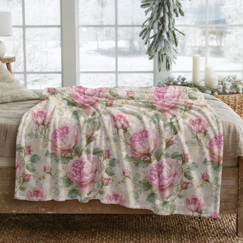 Floral Fleece Blanket, Pink Rose Garden Throw Blanket, Flower Lovers ...