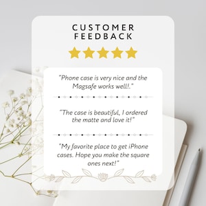 May include: A white background with a Customer Feedback graphic. The graphic includes gold stars, decorative lines, and customer reviews about phone cases. The reviews mention the MagSafe feature and the matte finish.