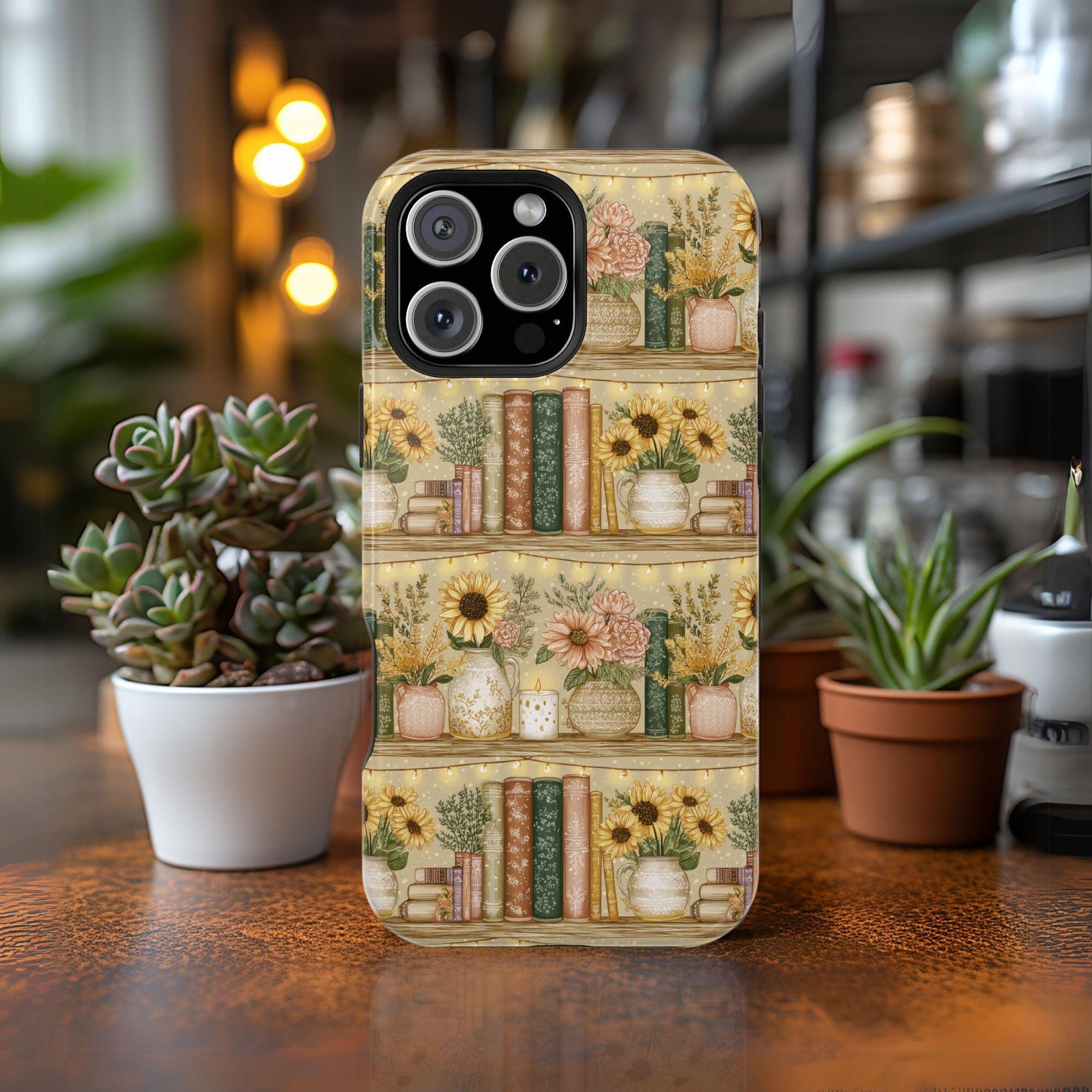 Sunflower Bookshelf Phone Case Floral Bookish MagSafe Compatible Phone Cover Vintage Book Lovers Gift Summer Bookcase for iPhone 16 15 14 13