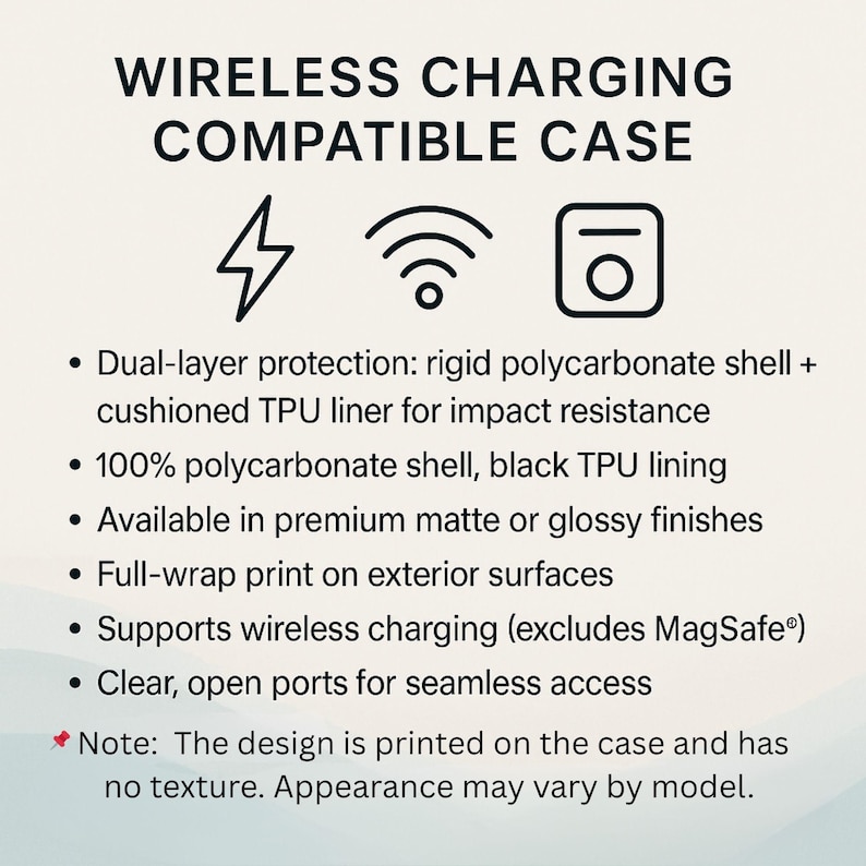 May include: Image of a wireless charging compatible case. The text reads: "WIRELESS CHARGING COMPATIBLE CASE." Features include dual-layer protection, a polycarbonate shell, and support for wireless charging. Available in matte or glossy finishes.