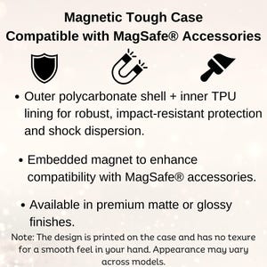 Pu&ograve; includere: Una custodia per telefono nera con un'icona di scudo, magnete e pennello. Il testo recita "Magnetic Tough Case Compatible with MagSafe&reg; Accessories". La custodia &egrave; realizzata in policarbonato e TPU e ha un magnete integrato per la compatibilit&agrave; con gli accessori MagSafe.
