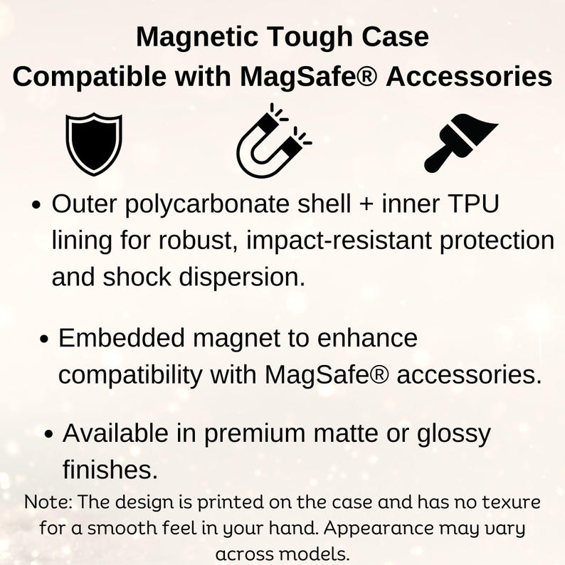 Pu&ograve; includere: Una custodia per telefono nera con un'icona di scudo, magnete e pennello. Il testo recita "Magnetic Tough Case Compatible with MagSafe&reg; Accessories". La custodia &egrave; realizzata in policarbonato e TPU e ha un magnete integrato per la compatibilit&agrave; con gli accessori MagSafe.