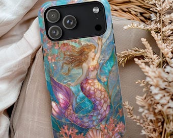 Mermaid Phone Case, Fairycore Aesthetic Phone Case, Colorful Coastal Beach Ocean Faux Stained Glass Cute MagSafe Compatible Cover for iPhone