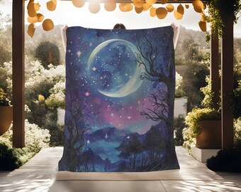 Moon & Stars Blanket, Starry Night Sky Fleece, Mystical Landscape