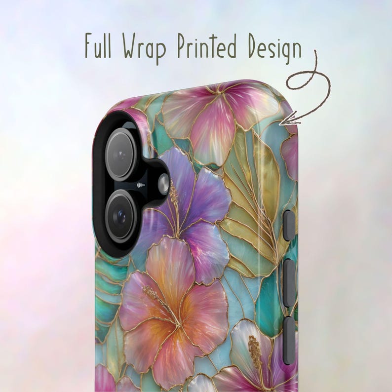 May include: A phone case featuring a full wrap printed design of colorful hibiscus flowers in shades of pink, purple, and orange with gold outlines. The case has a black camera cutout and black side buttons, showcasing a vibrant floral pattern.