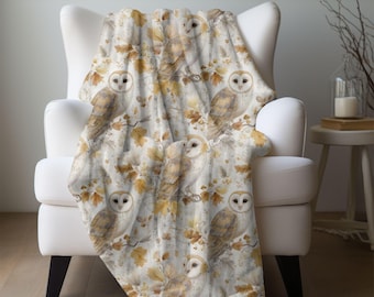 Barn Owl Birch Fall Blanket, Cozy Cottagecore Autumn Throw, Woodland Minky Fleece Throw Owl Birch Lovers Home Decor Soft Owl Nature Blanket