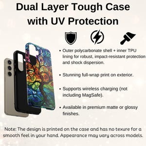 May include: A dual-layer phone case with a colorful tree design printed on the back. The case is made of a polycarbonate shell and TPU lining for impact resistance and shock absorption. It supports wireless charging and is available in matte or glossy finishes.