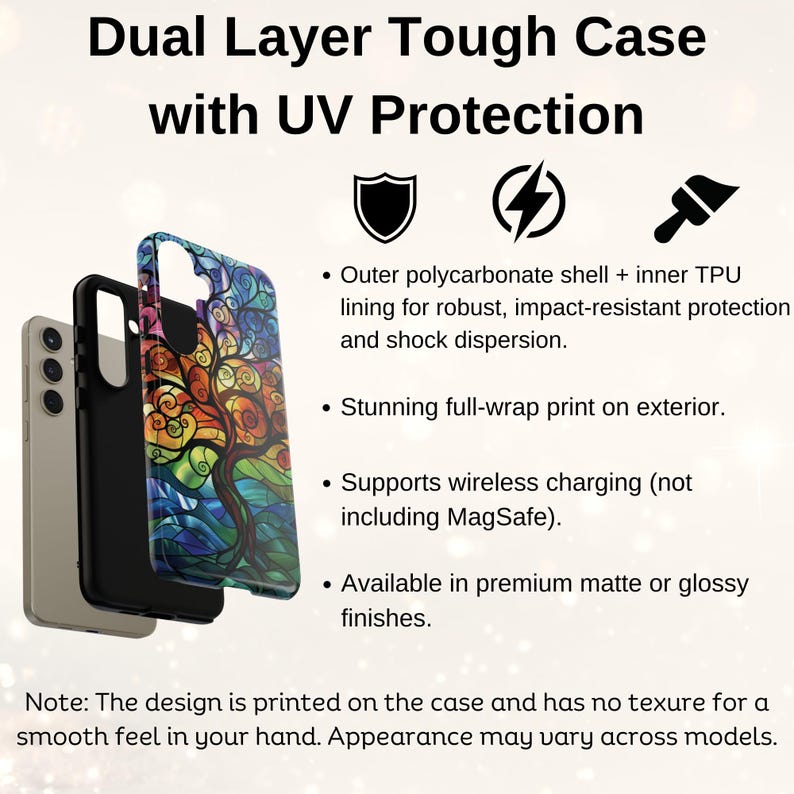 May include: A dual-layer phone case with a colorful tree design printed on the back. The case is made of a polycarbonate shell and TPU lining for impact resistance and shock absorption. It supports wireless charging and is available in matte or glossy finishes.