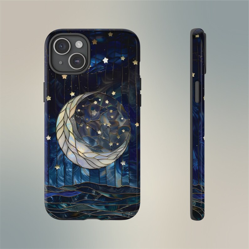 Funda para teléfono con luna y estrellas, cielo nocturno estrellado celestial sobre vidriera falsa, Galaxy S24 23 22 21 20 10 Google Pixel 5 6 7 8 iPhone imagen 6