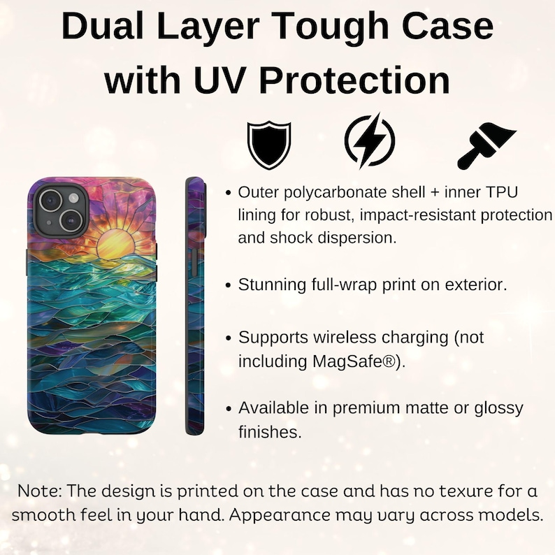 Pu&ograve; includere: Una custodia per telefono a doppio strato con una stampa di tramonto e oceano colorata sul retro. La custodia &egrave; realizzata in policarbonato e TPU per resistenza agli urti e assorbimento degli urti. Supporta la ricarica wireless ed &egrave; disponibile in finiture opache o lucide.