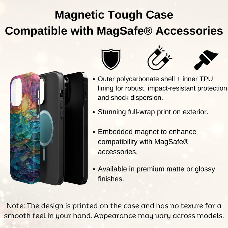 Puede incluir: Una funda de tel&eacute;fono negra con un dise&ntilde;o abstracto colorido y un anillo magn&eacute;tico integrado. La funda es compatible con los accesorios MagSafe. El texto "Magnetic Tough Case" y "Compatible with MagSafe&reg; Accessories" se muestra en la parte superior de la imagen.