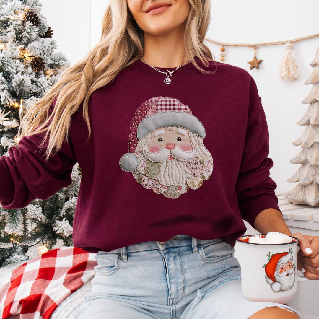 Quilt Santa Sweatshirt Christmas Patchwork Sweater Cute Xmas Santa