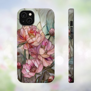 May include: A phone case with a stained glass design featuring pink peonies and green leaves.
