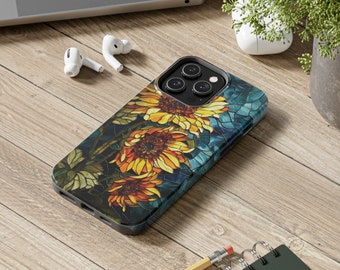 Sunflowers Phone Case Faux Stained-Glass Flower Phone Cover, Sunflower iPhone Case 11 12 13 14 Pro Max Mini iPhone 7 8 Plus X Max Xr, Xs, Se