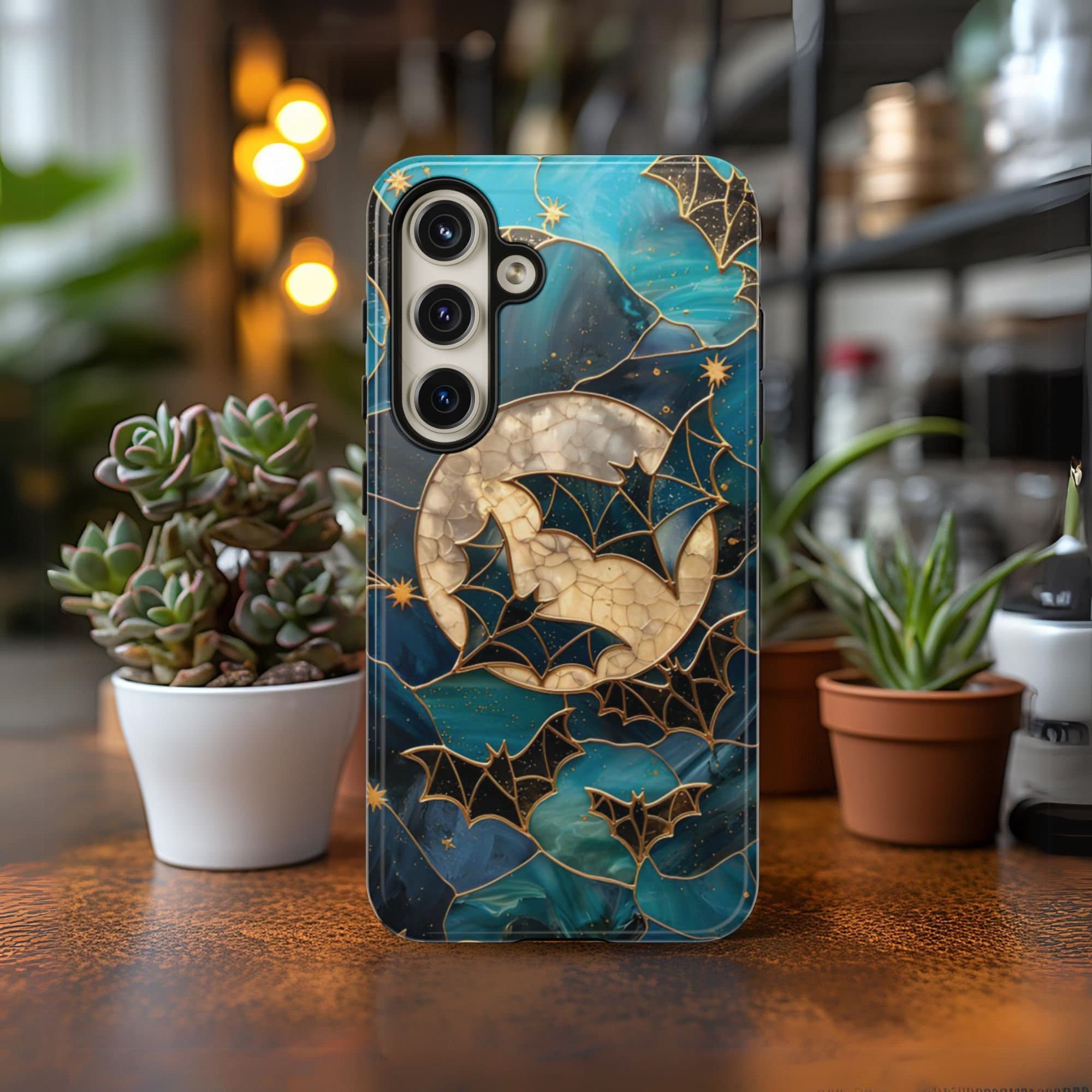Halloween Phone Case Celestial Bats Gothic Faux Stained Glass Witchy Cover Spooky Night Sky Moon and Stars Case for Galaxy, iPhone Pixel