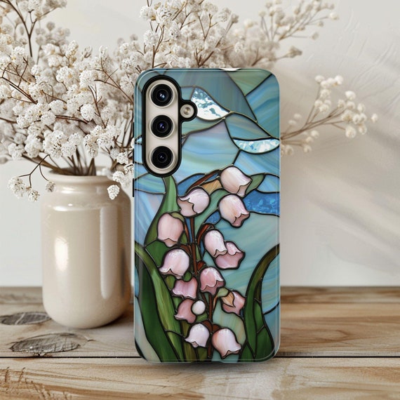 May Birth Flower Phone Case Lily of the Valley Faux Stained Glass Cover Floral Case for Galaxy S 25 24 23 Pixel 9 8 7 6 iPhone 16 15 14 13