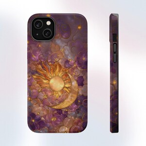 May include: A phone case with a celestial design. It features a golden sun and crescent moon set against a backdrop of purple and gold clouds and stars. The case has a glossy finish and a black camera module.