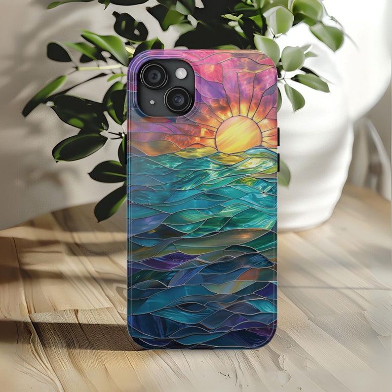 Ocean Sunset Phone Case Faux Stained Glass Beach Phone Case Nautical Sunrise Lovers Gift for iPhone 15 14 13 12 11 8 7 Galaxy S 24 23 22 21 image 3