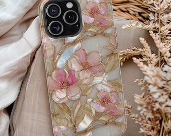 Funda para teléfono con diseño de flor de cerezo, con vitrales artificiales y flores primaverales, estética sakura rosa, MagSafe para iPhone 17, 16, 15, 14 y 13