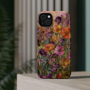 Wildflower MagSafe Compatible Phone Case, Spring Meadow Phone Cover, Botanical Flower Garden Faux Stained Glass Case for iPhone 17 16 15 14 afbeelding 14